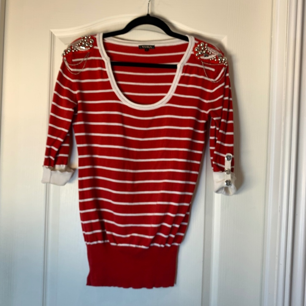 Yuka Nautical Stripe Knit Top – Anchor Buttons, Shoulder Embellishments,‎ T3 Med